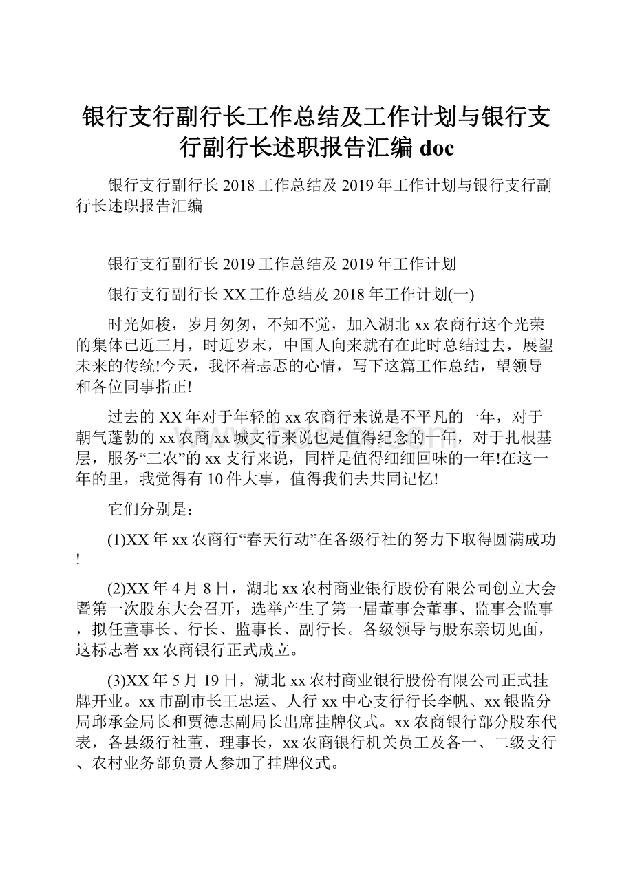 银行支行副行长工作总结及工作计划与银行支行副行长述职报告汇编doc.docx