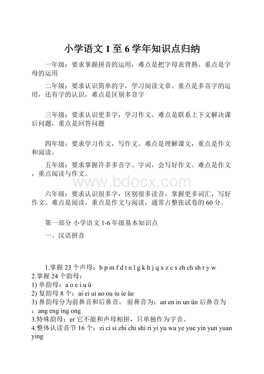 小学语文1至6学年知识点归纳.docx