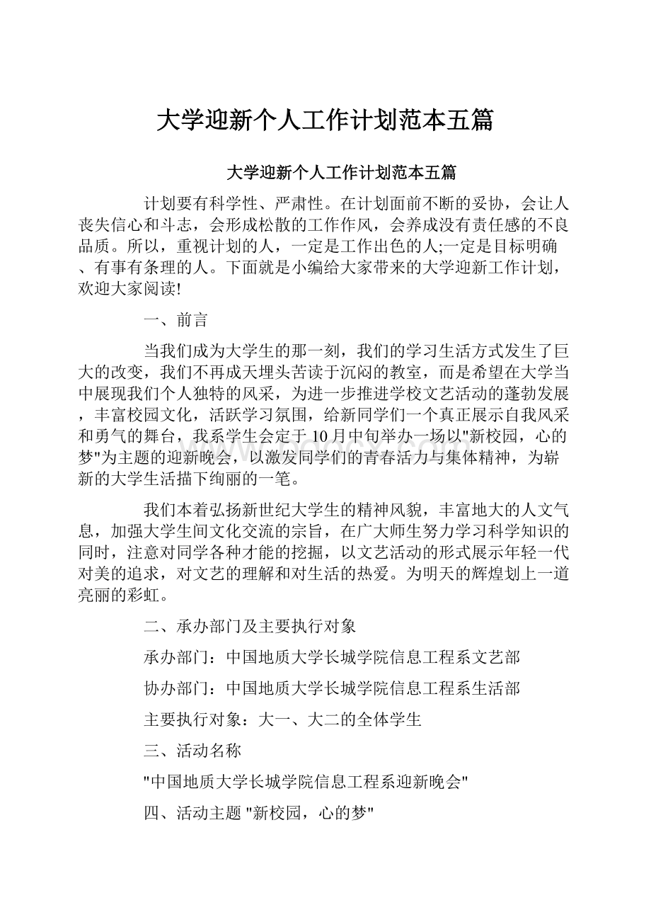 大学迎新个人工作计划范本五篇.docx