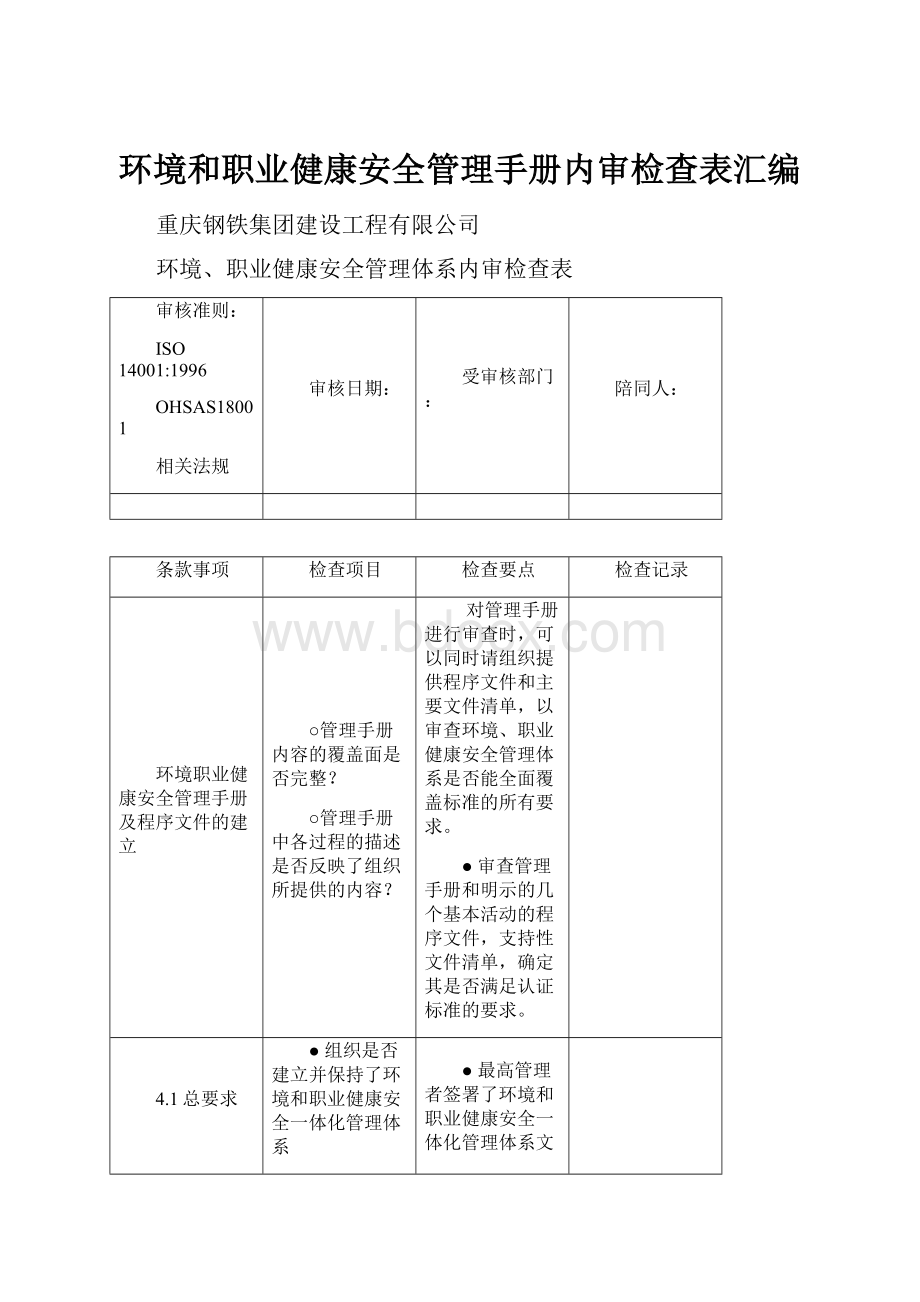 环境和职业健康安全管理手册内审检查表汇编.docx