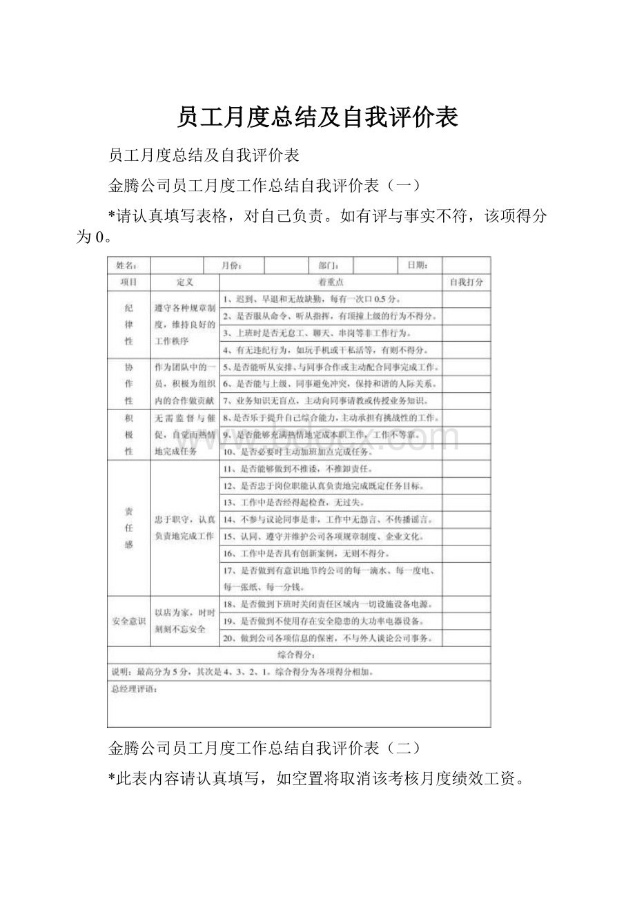 员工月度总结及自我评价表.docx