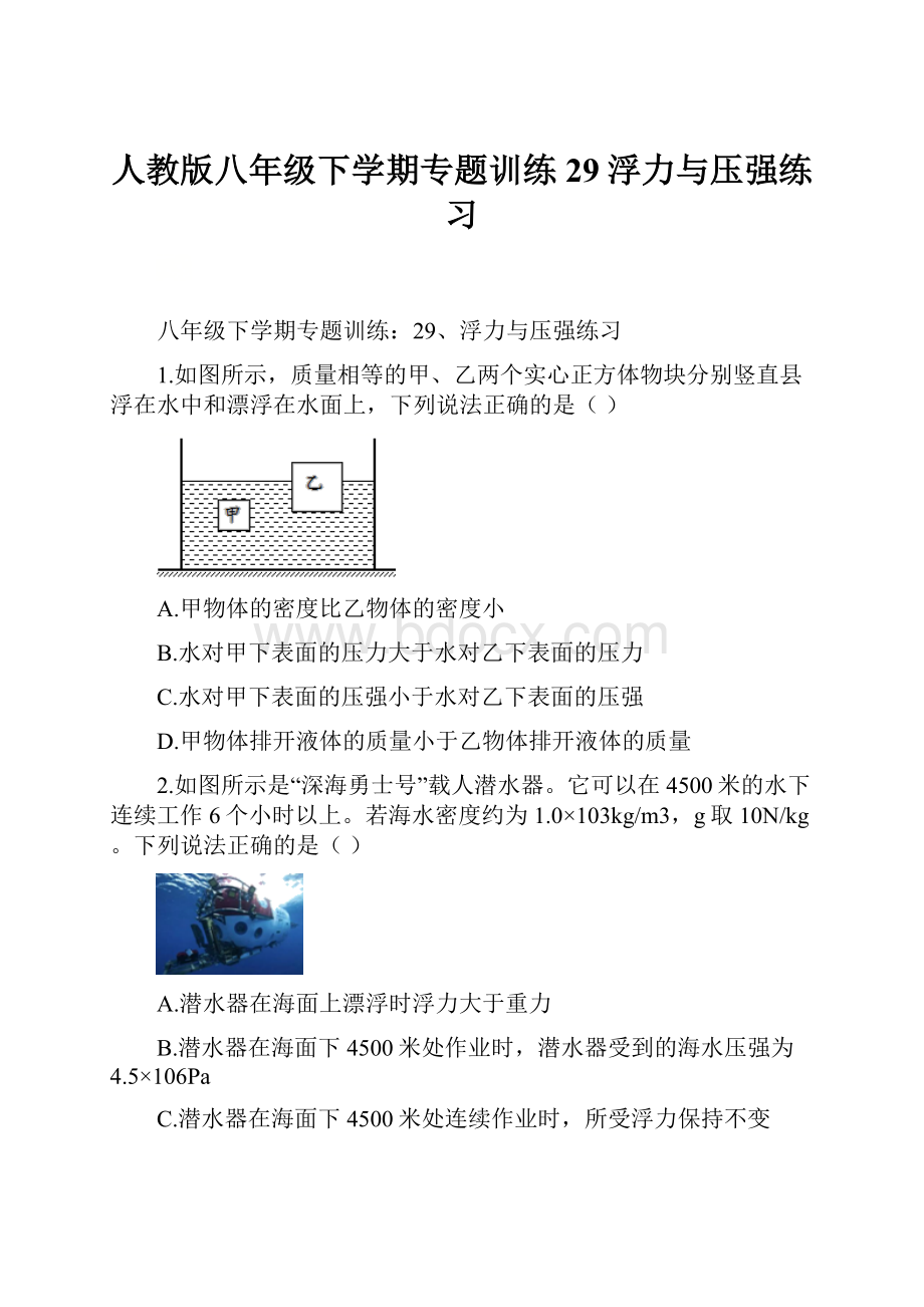 人教版八年级下学期专题训练29浮力与压强练习.docx