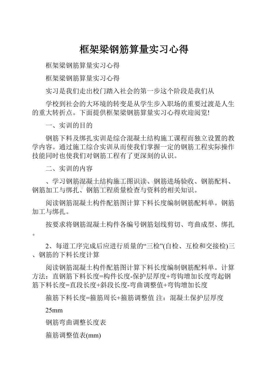 框架梁钢筋算量实习心得.docx