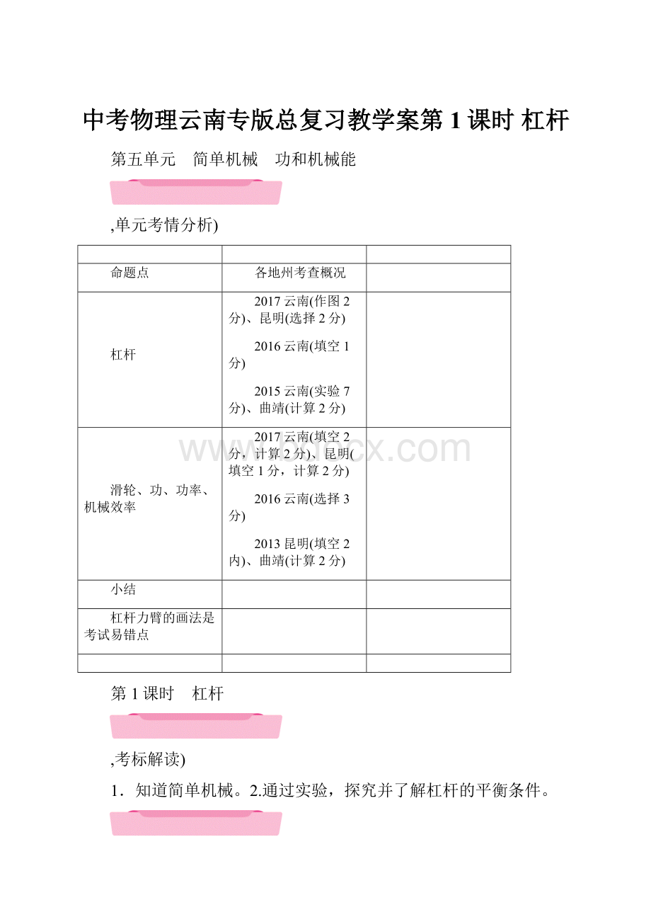 中考物理云南专版总复习教学案第1课时 杠杆.docx