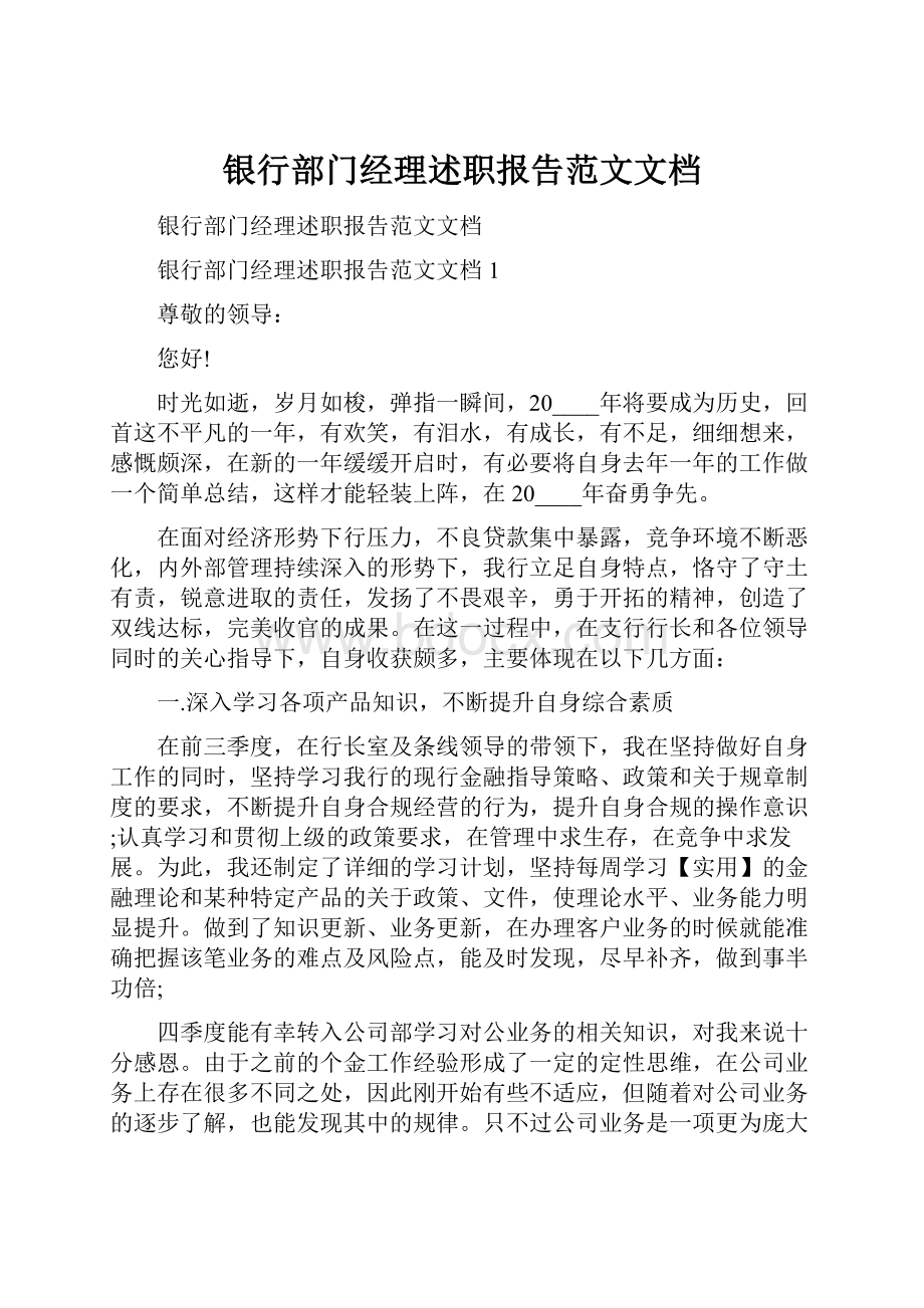 银行部门经理述职报告范文文档.docx