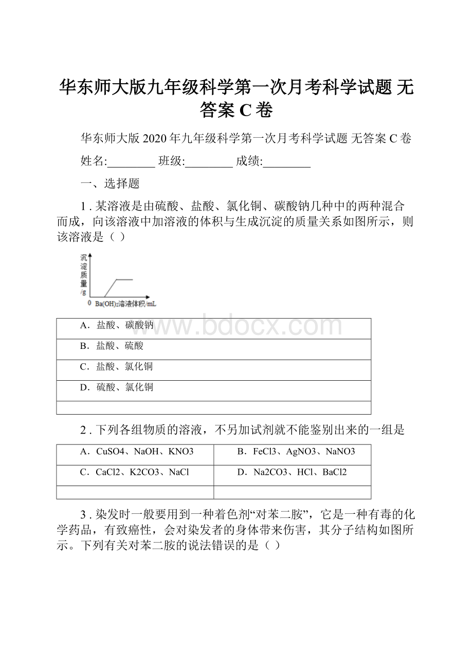 华东师大版九年级科学第一次月考科学试题 无答案C卷.docx_第1页