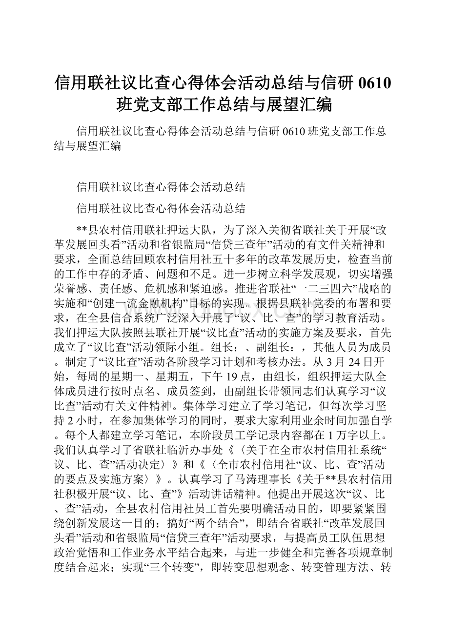 信用联社议比查心得体会活动总结与信研0610班党支部工作总结与展望汇编.docx