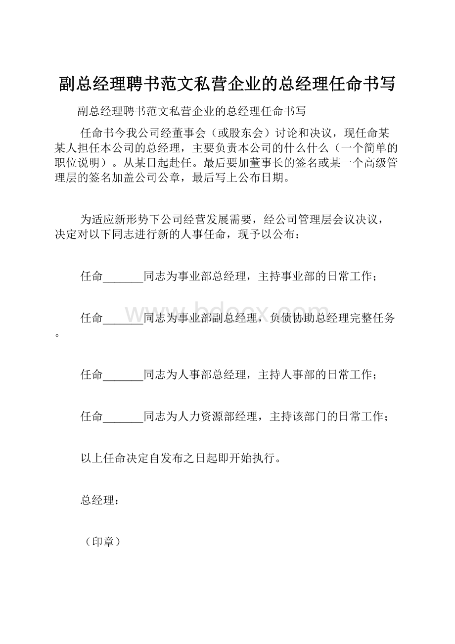 副总经理聘书范文私营企业的总经理任命书写.docx