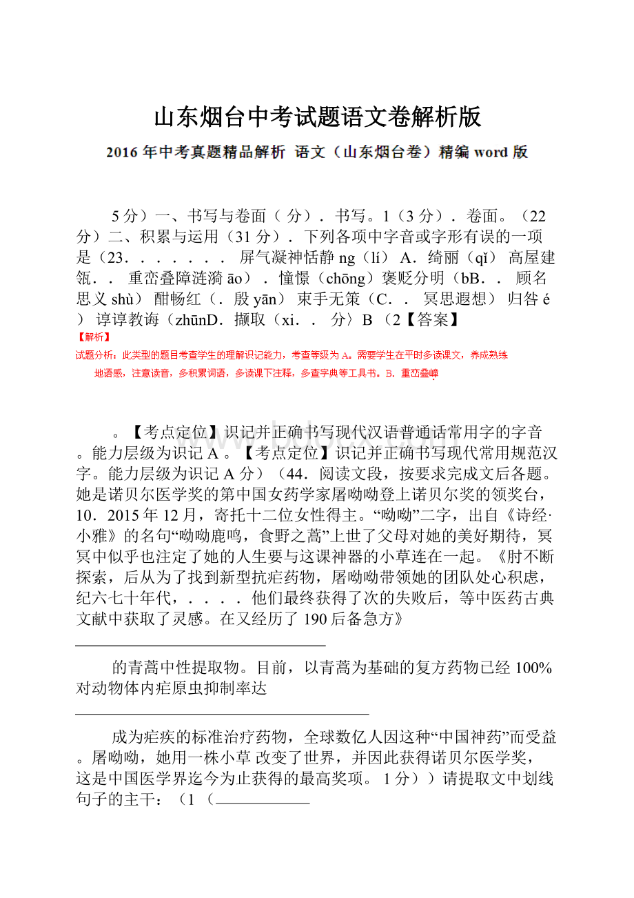 山东烟台中考试题语文卷解析版.docx_第1页