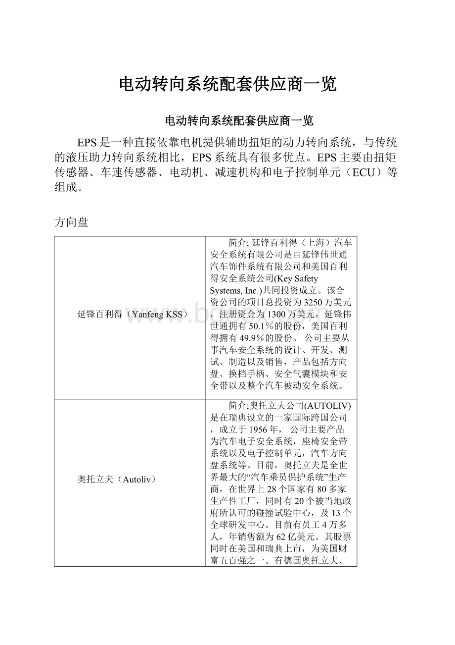 电动转向系统配套供应商一览.docx