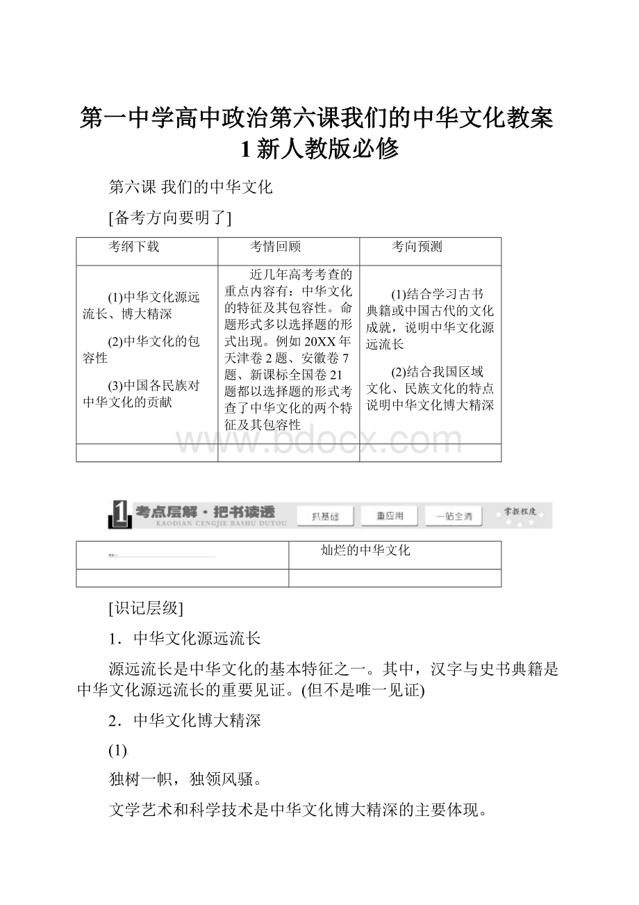 第一中学高中政治第六课我们的中华文化教案1新人教版必修.docx