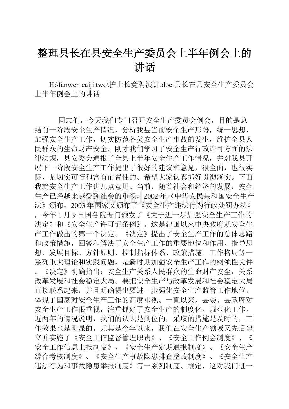 整理县长在县安全生产委员会上半年例会上的讲话.docx_第1页