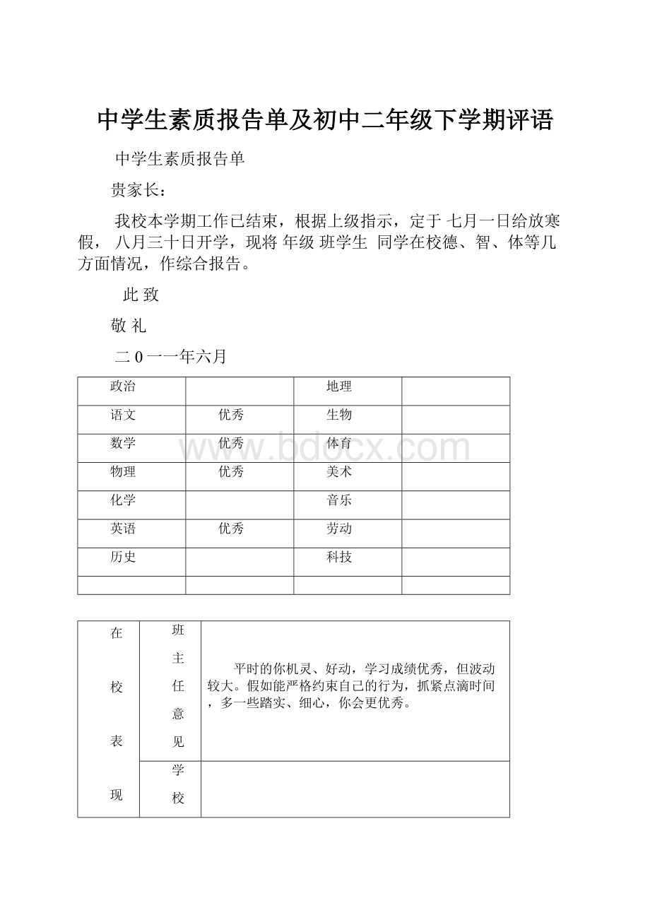 中学生素质报告单及初中二年级下学期评语.docx