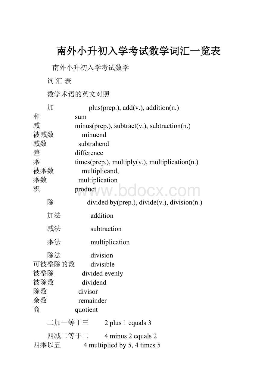 南外小升初入学考试数学词汇一览表.docx