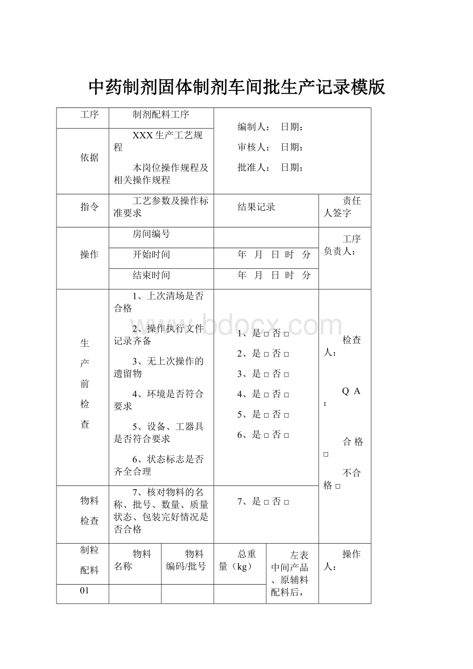 中药制剂固体制剂车间批生产记录模版.docx