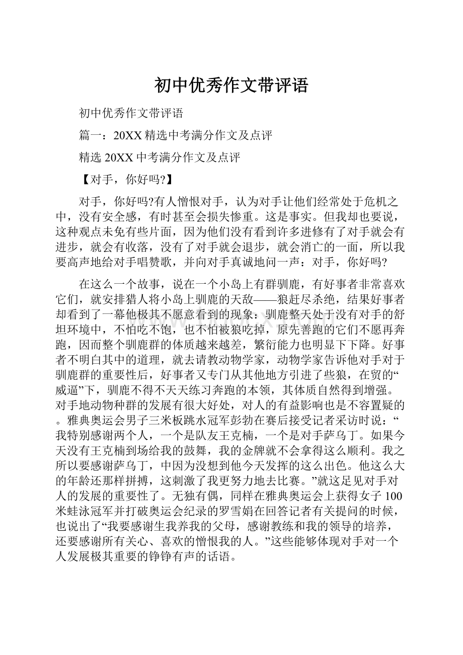 初中优秀作文带评语.docx