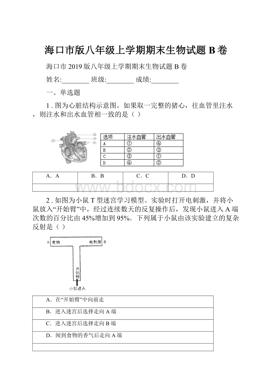 海口市版八年级上学期期末生物试题B卷.docx