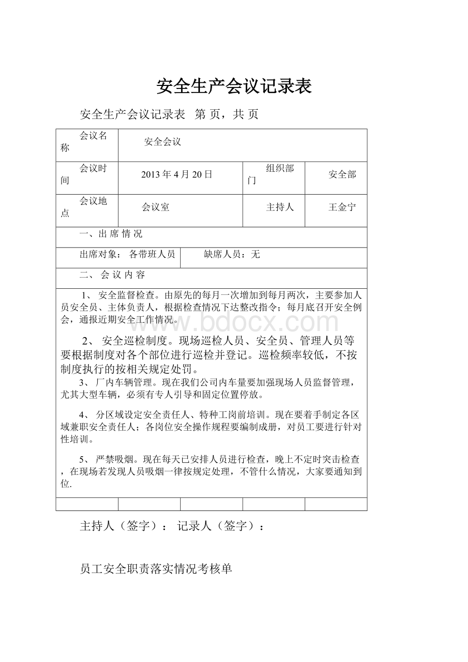 安全生产会议记录表.docx_第1页