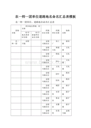 农一师一团单位道路地名命名汇总表模板.docx