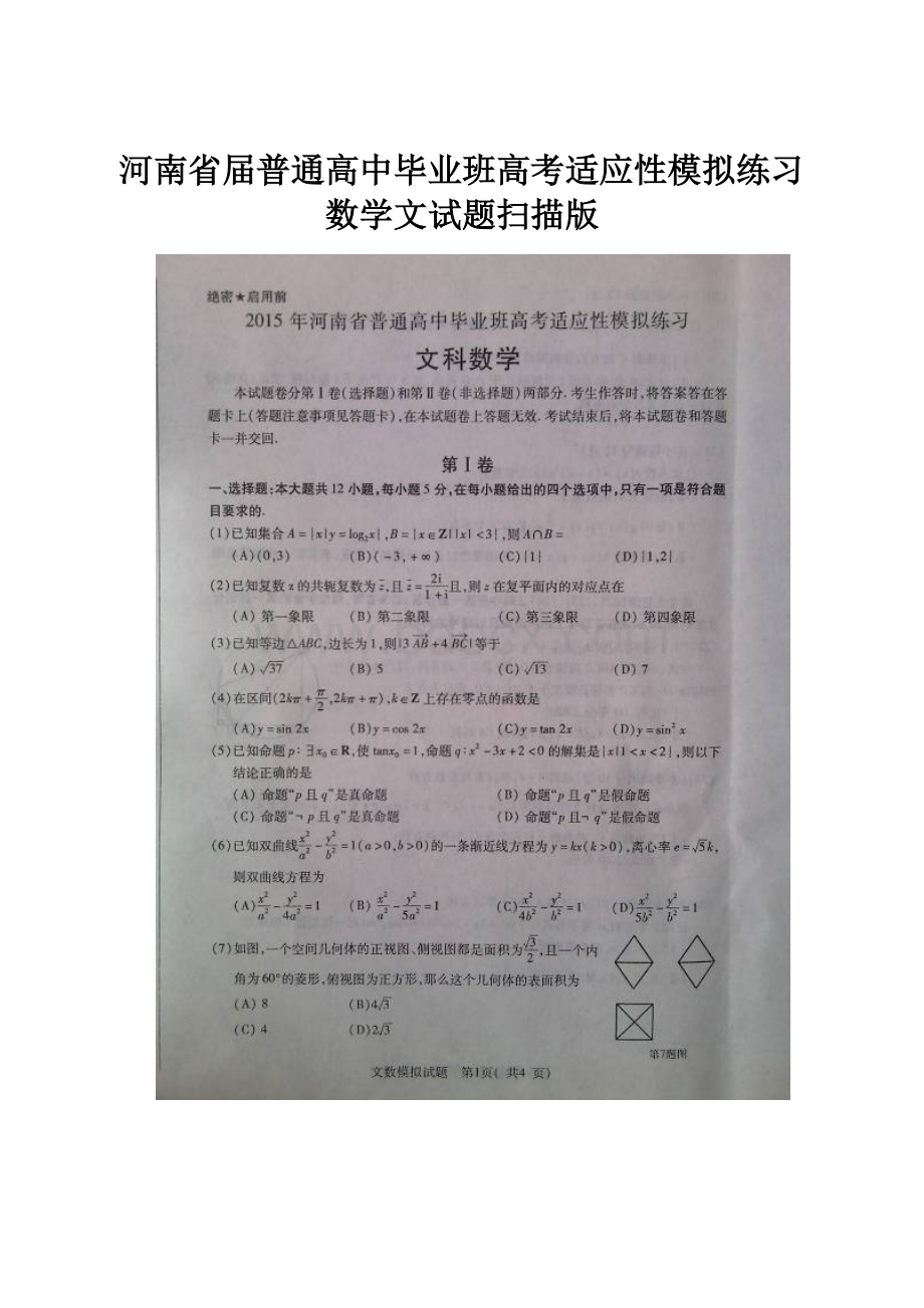 河南省届普通高中毕业班高考适应性模拟练习数学文试题扫描版.docx_第1页