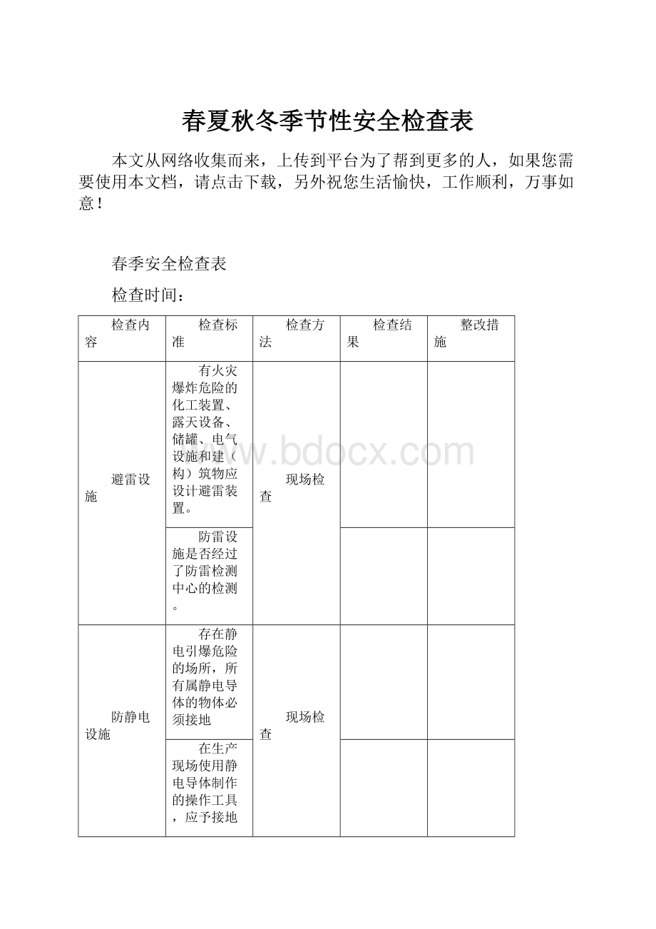 春夏秋冬季节性安全检查表.docx