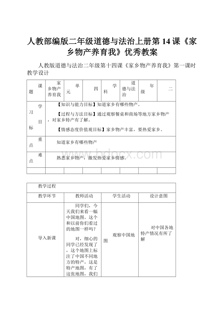 人教部编版二年级道德与法治上册第14课《家乡物产养育我》优秀教案.docx