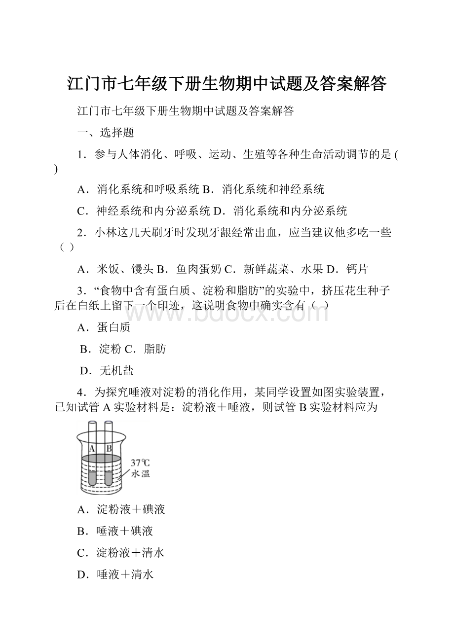 江门市七年级下册生物期中试题及答案解答.docx_第1页