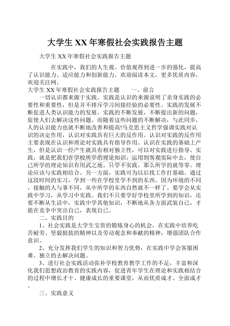 大学生XX年寒假社会实践报告主题.docx