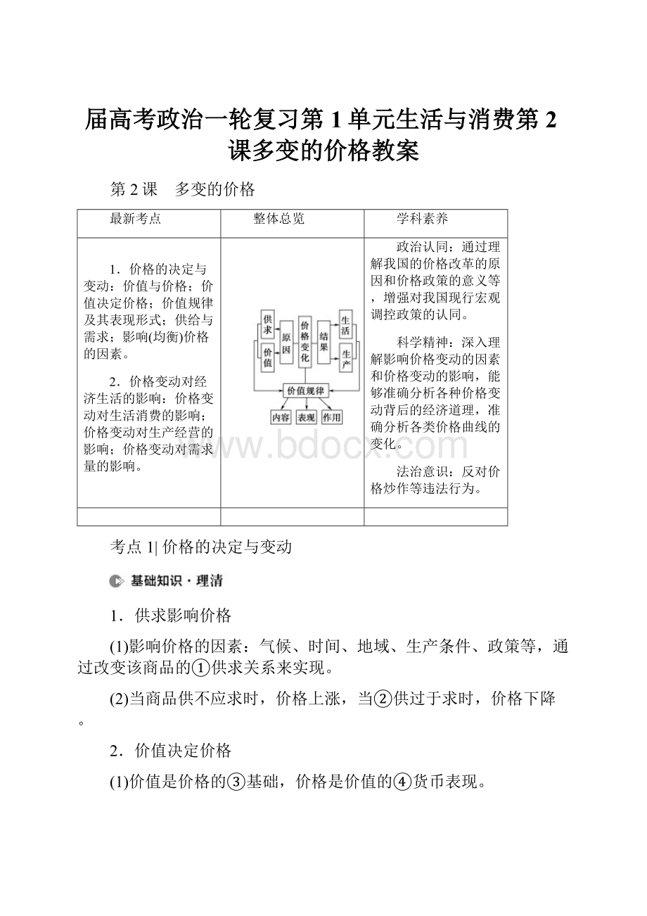 届高考政治一轮复习第1单元生活与消费第2课多变的价格教案.docx