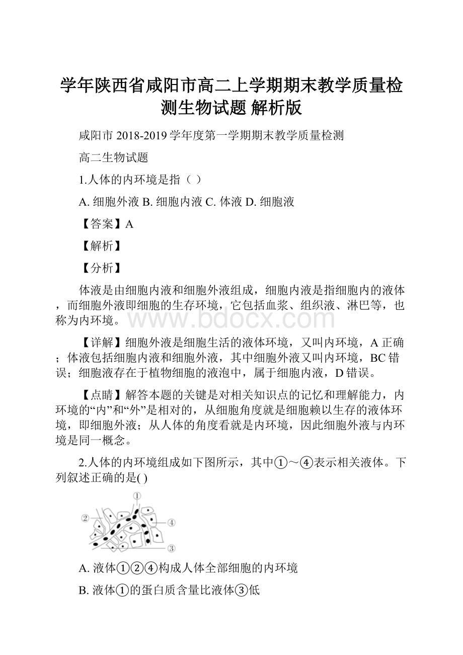 学年陕西省咸阳市高二上学期期末教学质量检测生物试题 解析版.docx