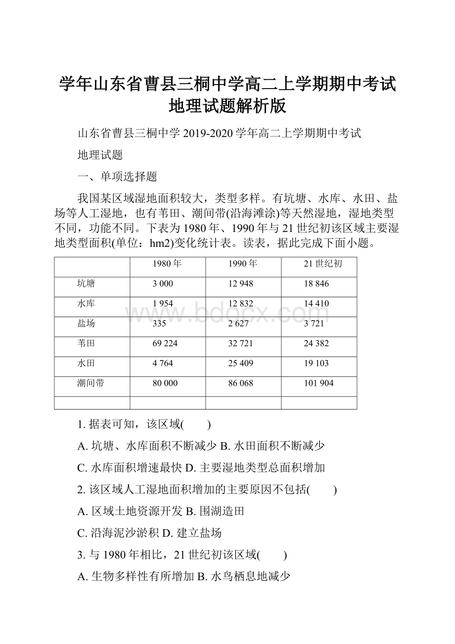 学年山东省曹县三桐中学高二上学期期中考试地理试题解析版.docx