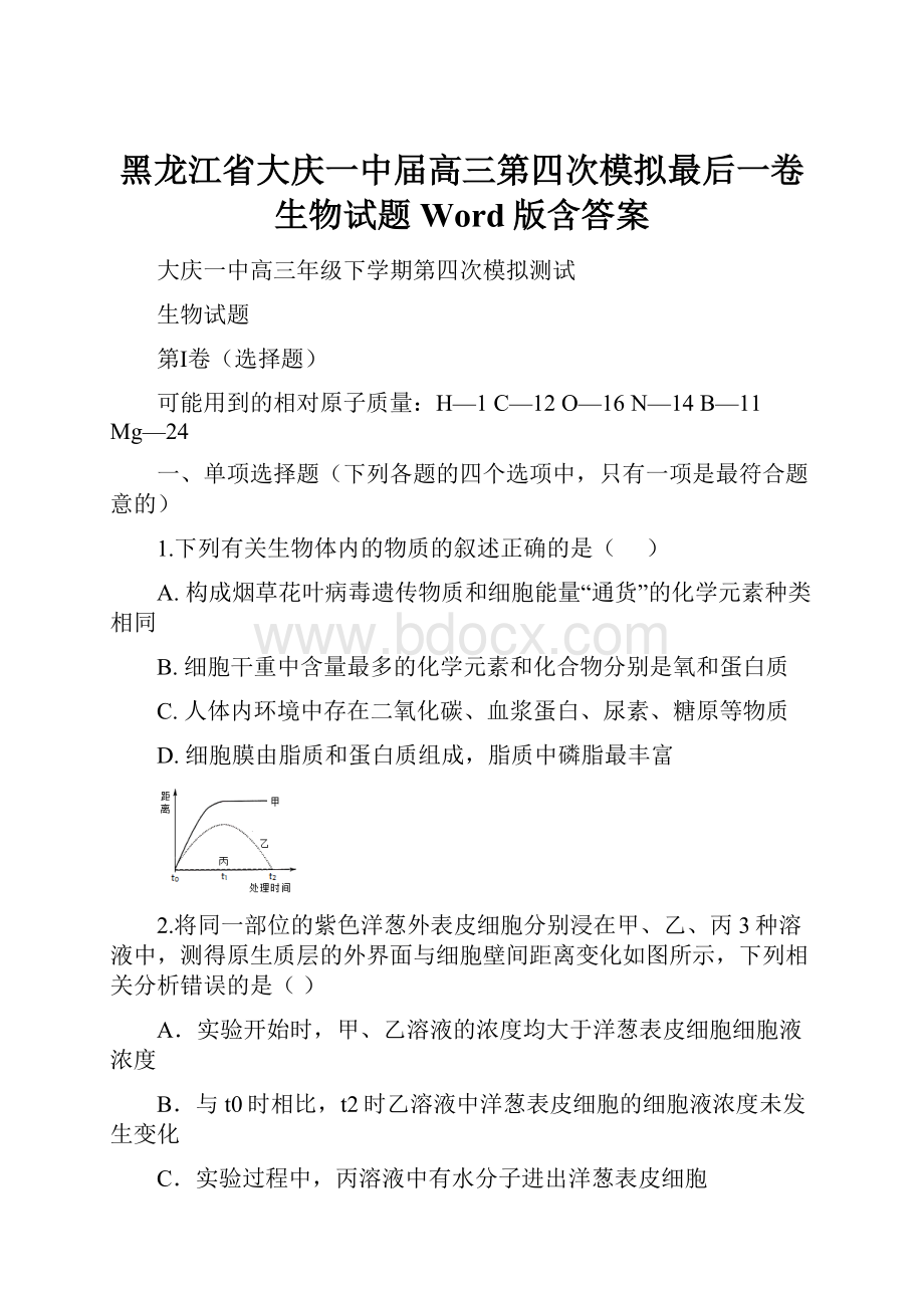 黑龙江省大庆一中届高三第四次模拟最后一卷生物试题 Word版含答案.docx