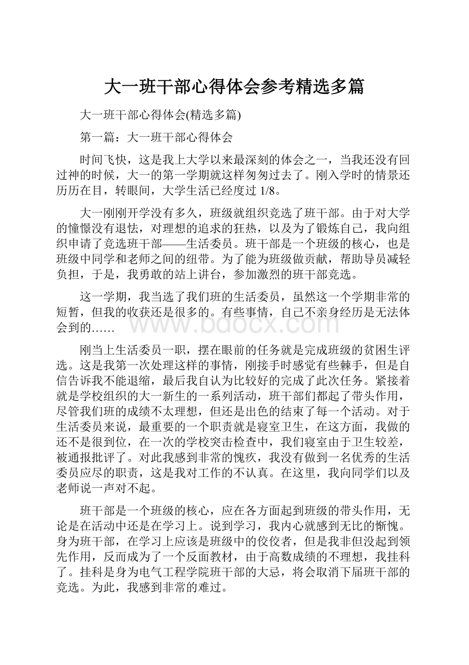 大一班干部心得体会参考精选多篇.docx_第1页