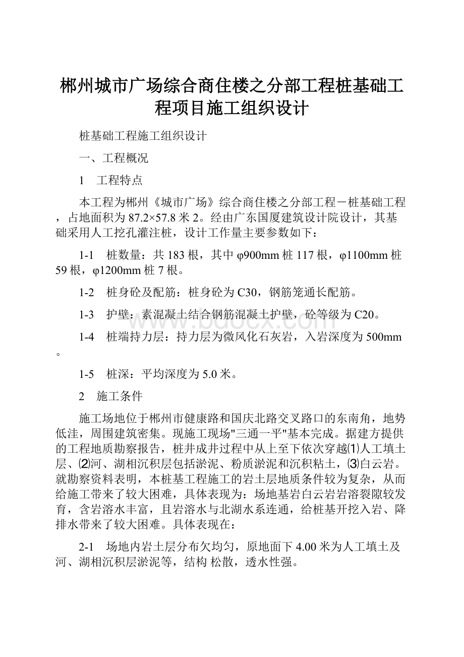 郴州城市广场综合商住楼之分部工程桩基础工程项目施工组织设计.docx_第1页