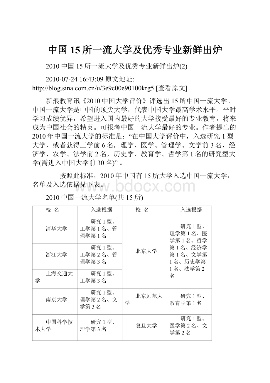 中国15所一流大学及优秀专业新鲜出炉.docx_第1页