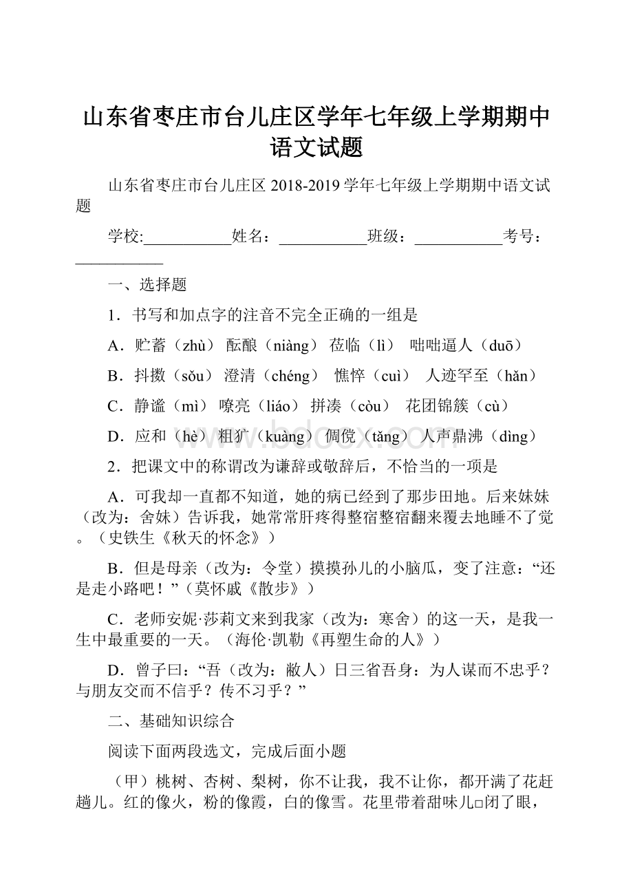 山东省枣庄市台儿庄区学年七年级上学期期中语文试题.docx