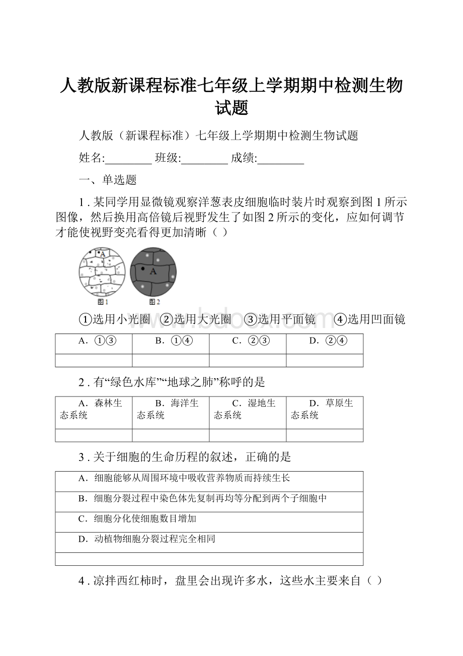 人教版新课程标准七年级上学期期中检测生物试题.docx