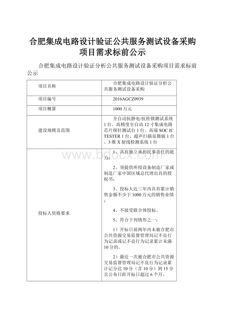 合肥集成电路设计验证公共服务测试设备采购项目需求标前公示.docx