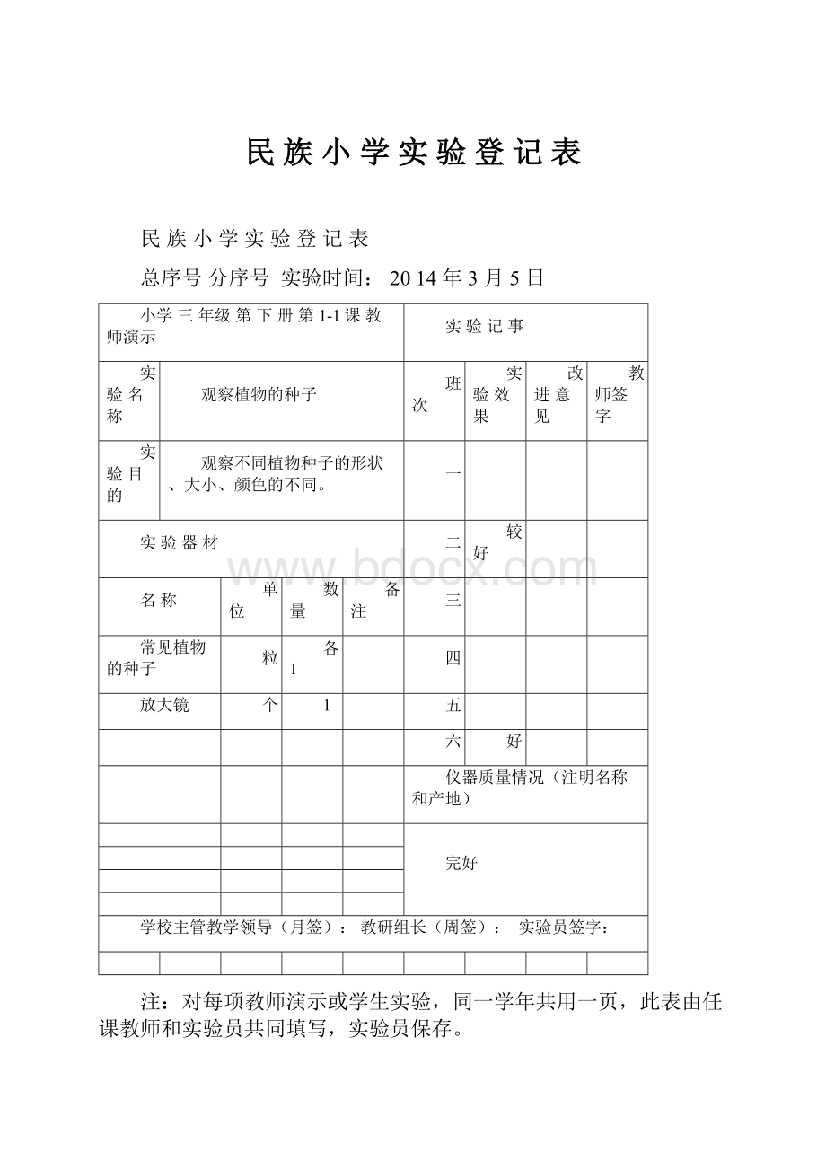 民族小学实验登记表.docx