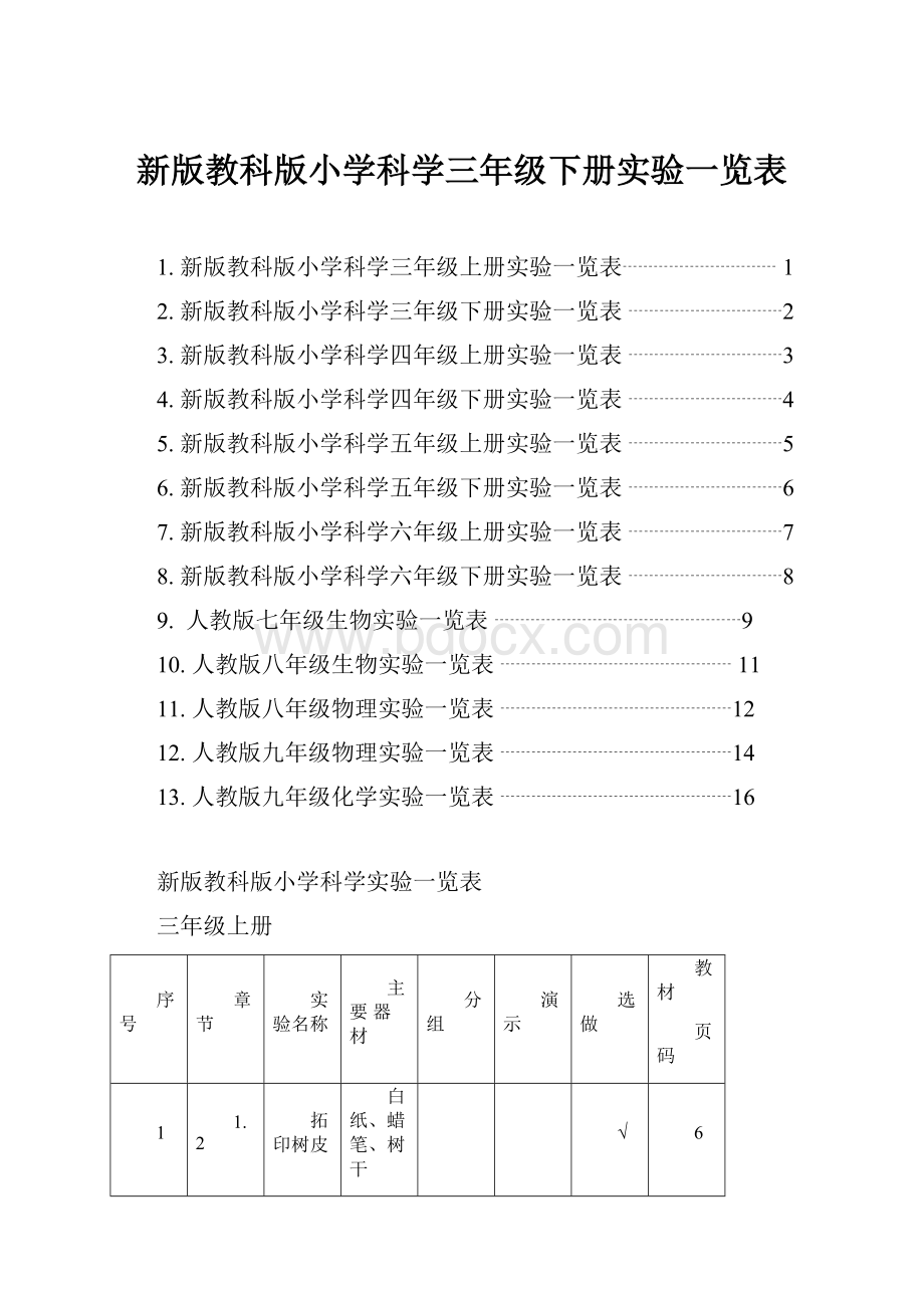 新版教科版小学科学三年级下册实验一览表.docx