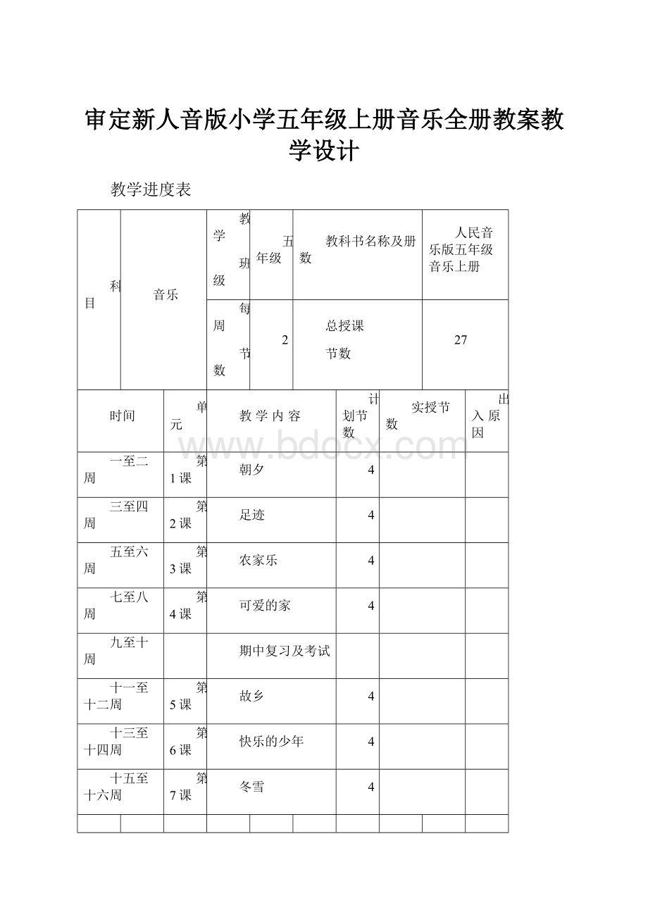 审定新人音版小学五年级上册音乐全册教案教学设计.docx_第1页