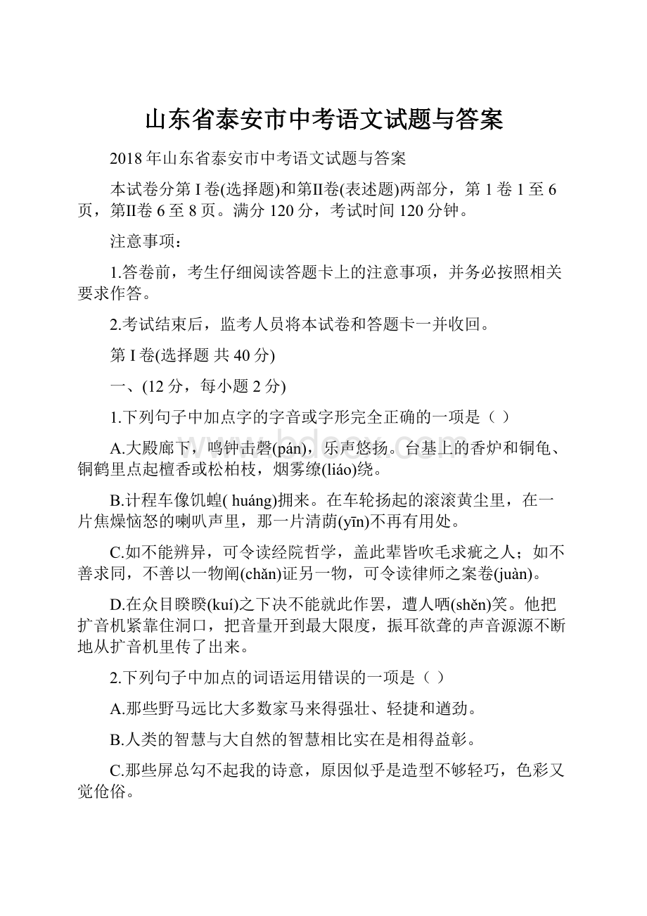 山东省泰安市中考语文试题与答案.docx_第1页