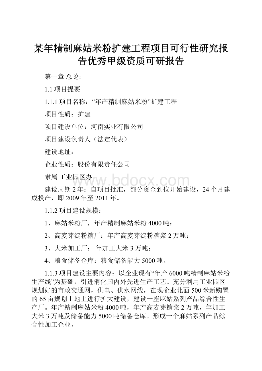 某年精制麻姑米粉扩建工程项目可行性研究报告优秀甲级资质可研报告.docx