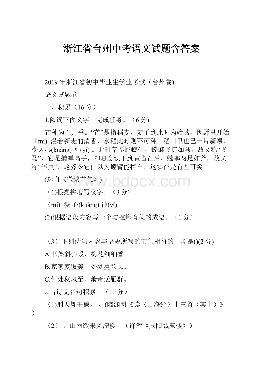 浙江省台州中考语文试题含答案.docx