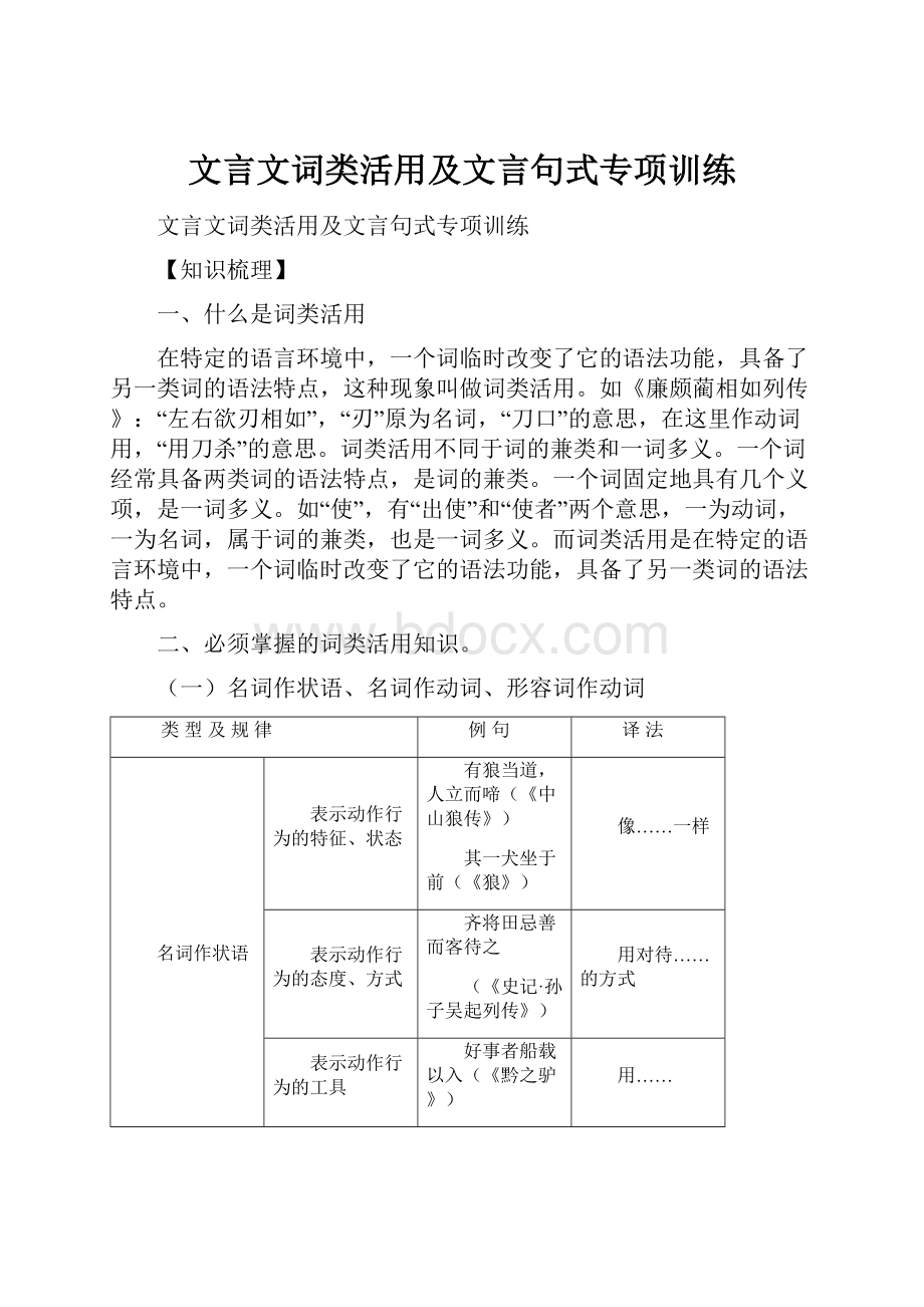 文言文词类活用及文言句式专项训练.docx