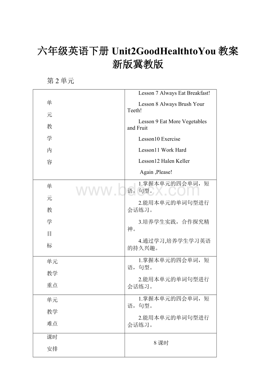 六年级英语下册Unit2GoodHealthtoYou教案新版冀教版.docx