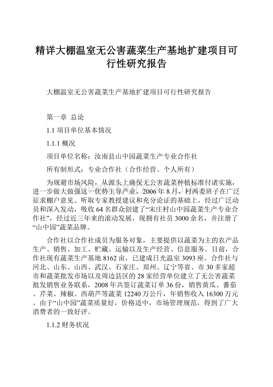 精详大棚温室无公害蔬菜生产基地扩建项目可行性研究报告.docx_第1页