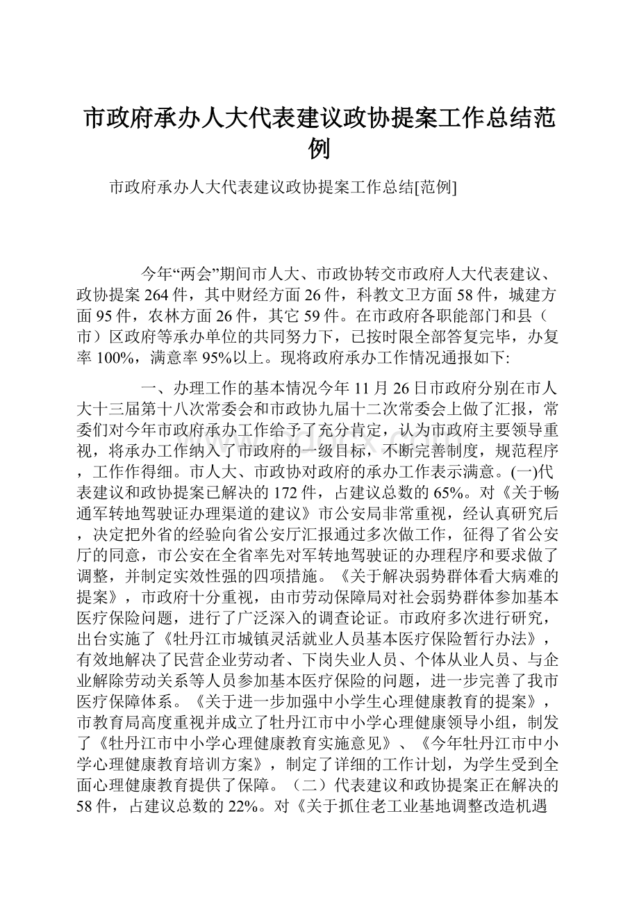 市政府承办人大代表建议政协提案工作总结范例.docx_第1页