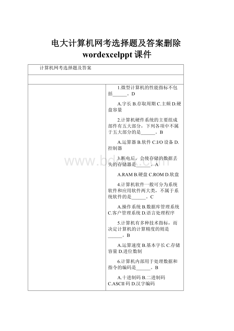 电大计算机网考选择题及答案删除wordexcelppt课件.docx_第1页