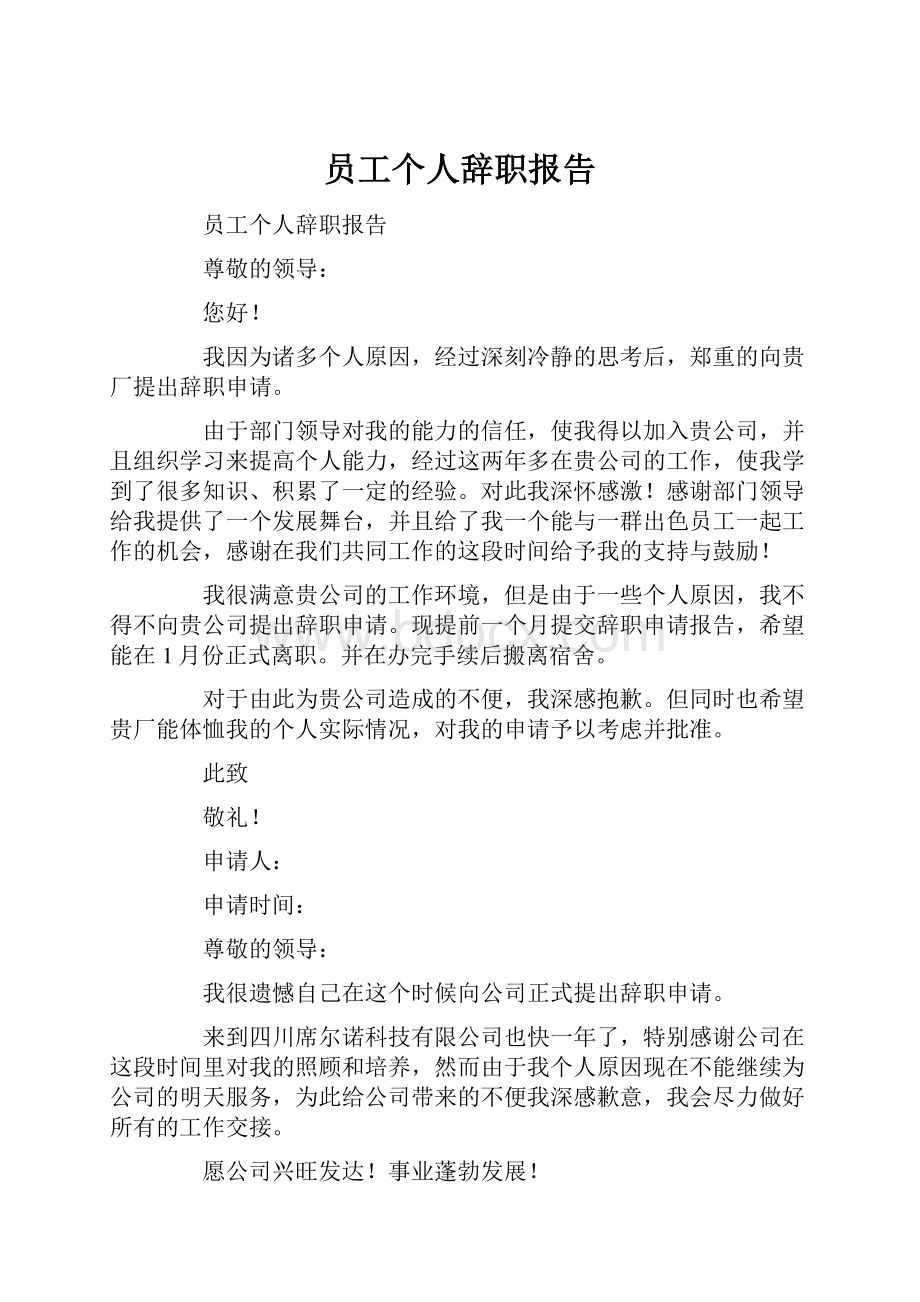 员工个人辞职报告.docx